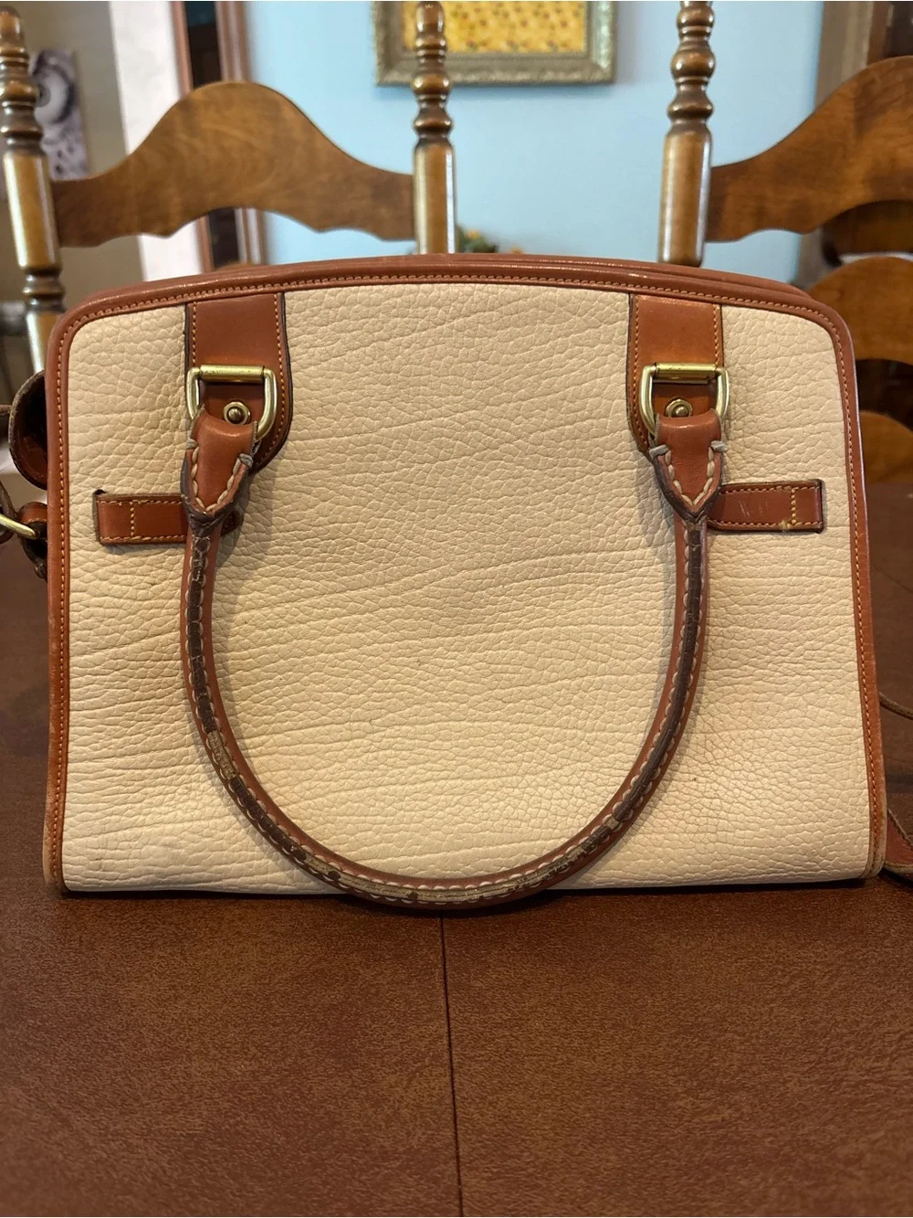 Dooney & Bourke Cream and Brown Leather Satchel with Gold Hardware